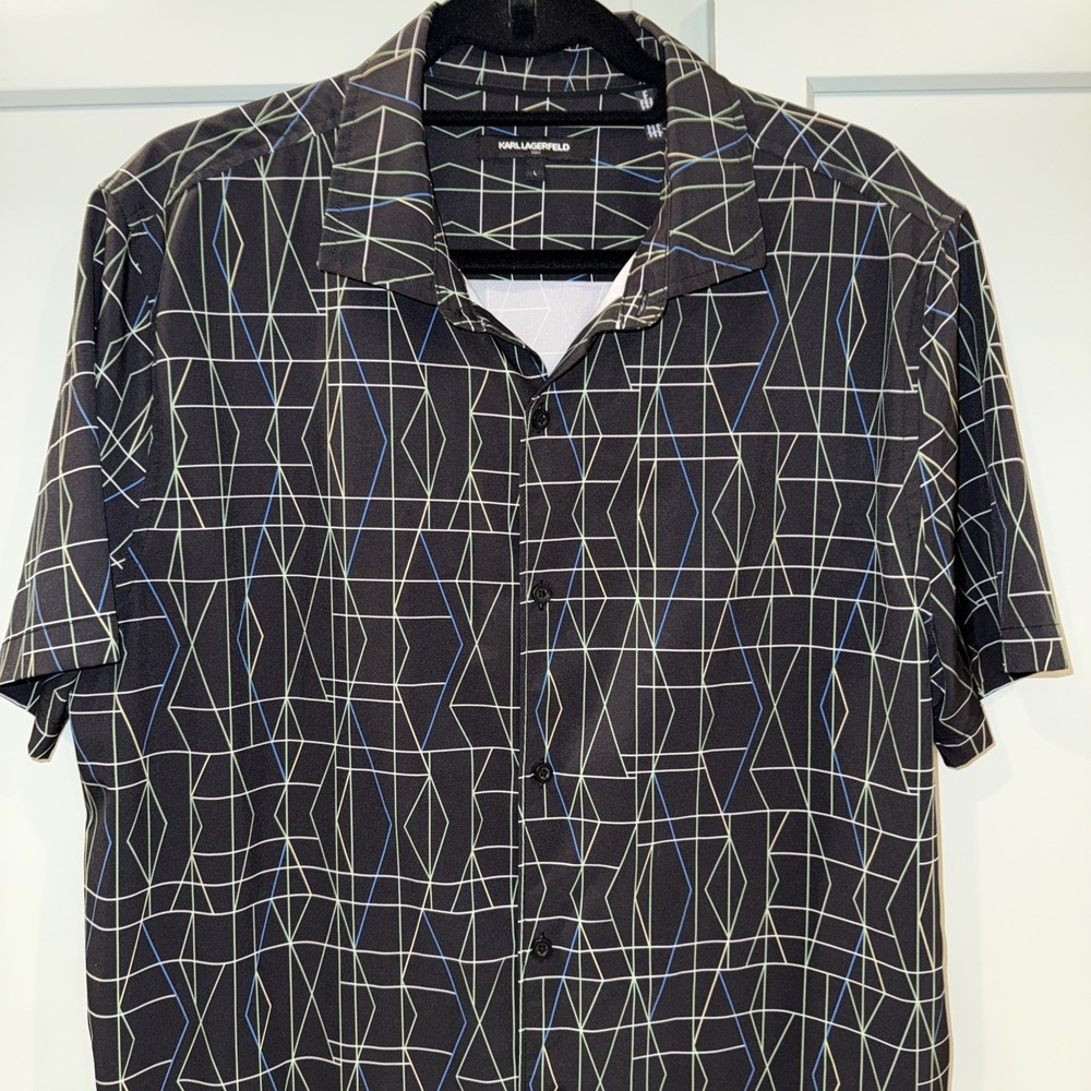Karl Lagerfeld Shirt Mens‎ Abstract Pattern Black SS Stretch Button Up - Large